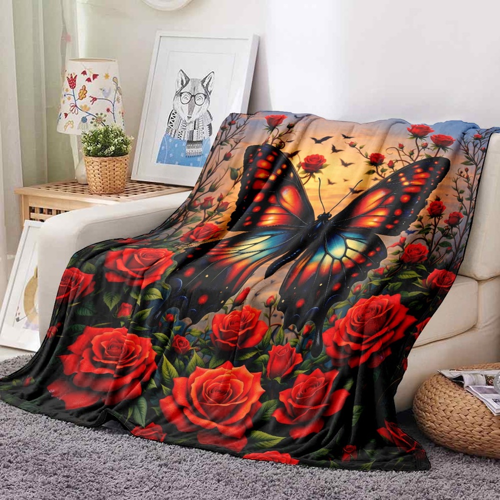 NEW Butterfly Red Rose Plush Throw Blanket Cozy Floral Gothic Home Decor - Picture 2 of 6